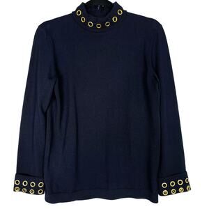 Tory Burch Navy Blue Small S Grommet Turtleneck Sweater Merino Wool Thick Knit